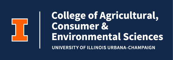 Logo of Block I plus College of Agricultural, Consumer &amp; Environmental Sciences text reversed to white on blue background